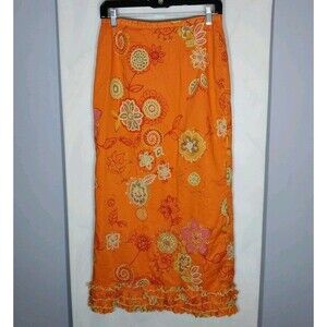 Harold’s Orange Floral Boho Maxi Skirt Lined Cotton Ruffle Hem Size 10